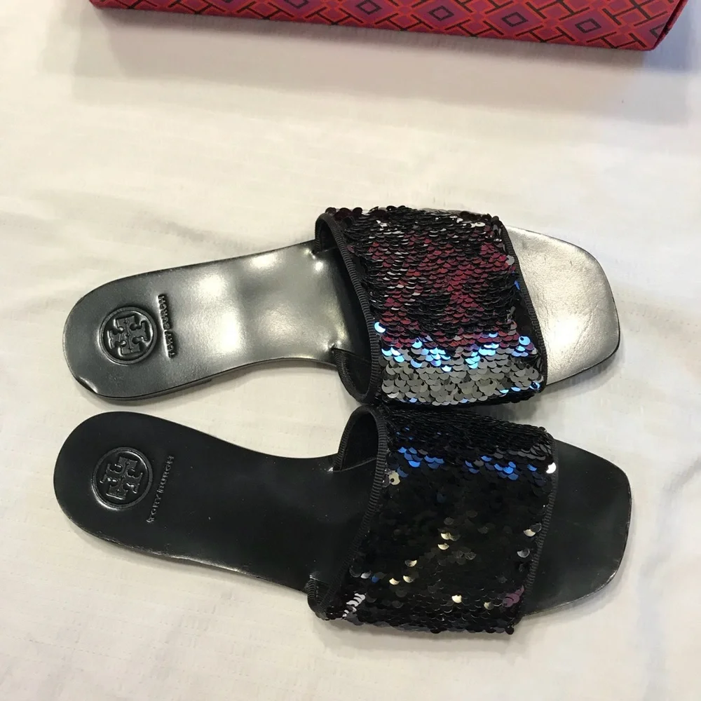 Tory Burch‎ carter sequin black and silver sandals